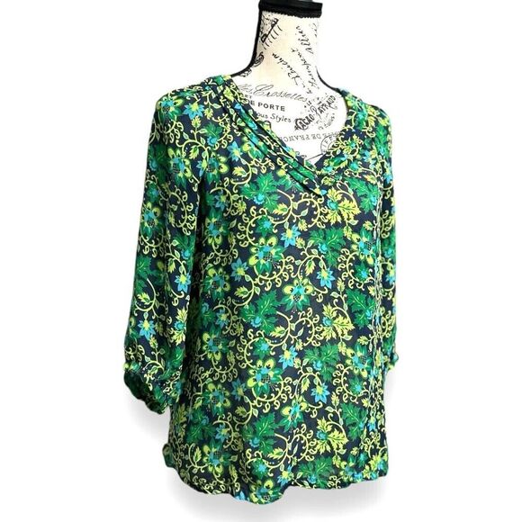 Banana Republic XS Green Blue Floral Boho Cottagecore V-Neck 3/4 Sleeve Blouse - Picture 4 of 9